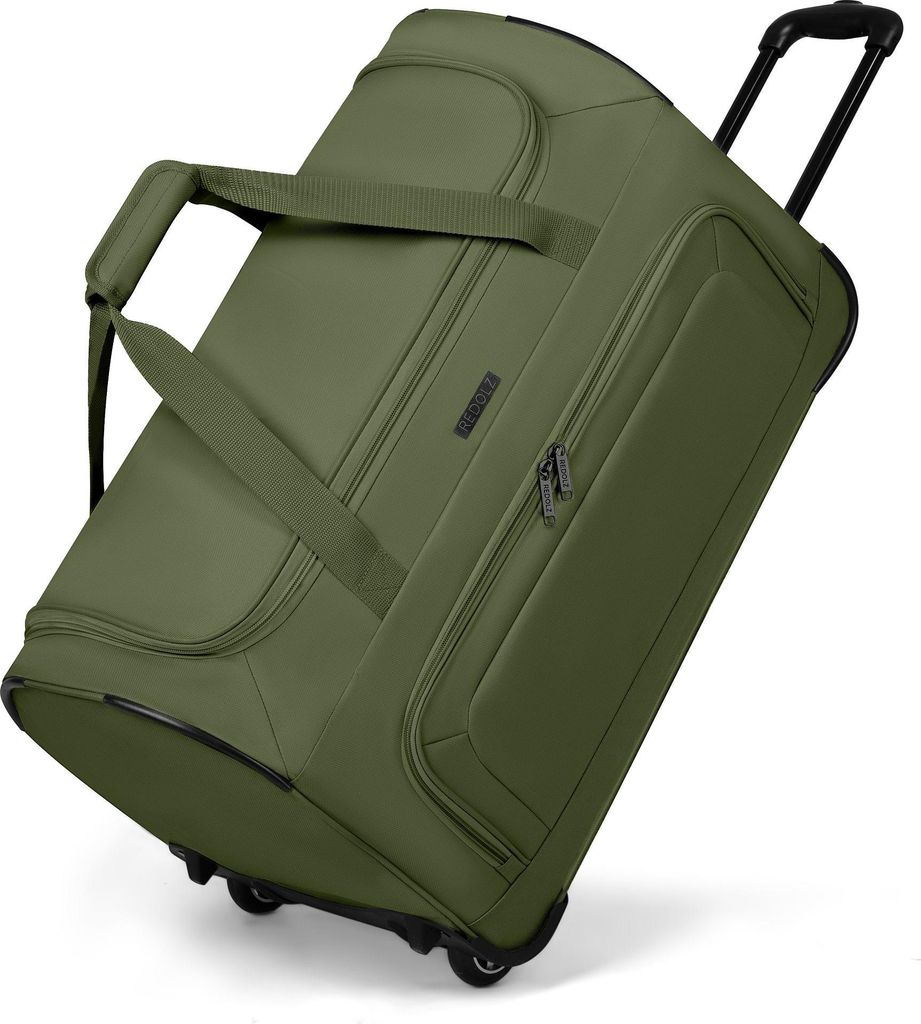 A green duffle bag with wheels and handles, shown at an angle against a white background.