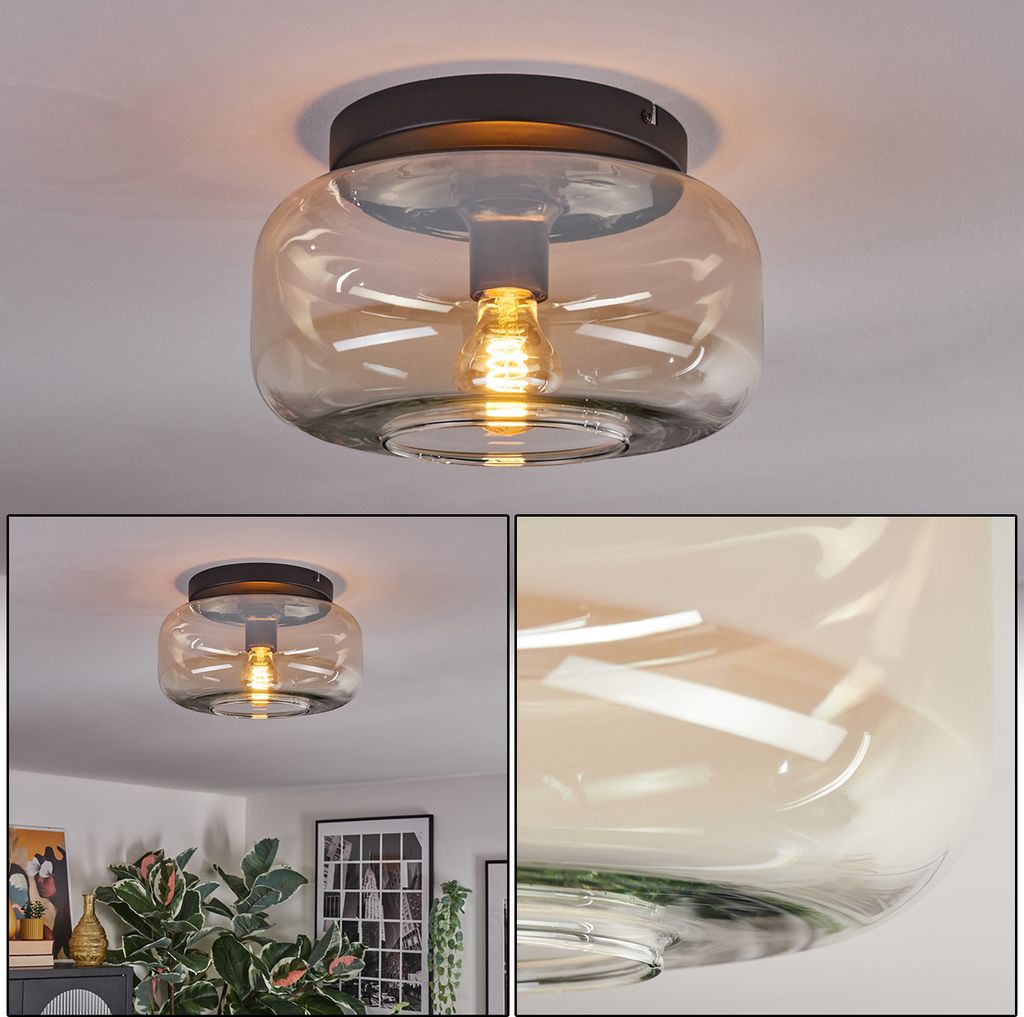 Triest 1-flammige Deckenlampe aus Metall/Glas in Schwarz/Bernsteinfarben/Klar