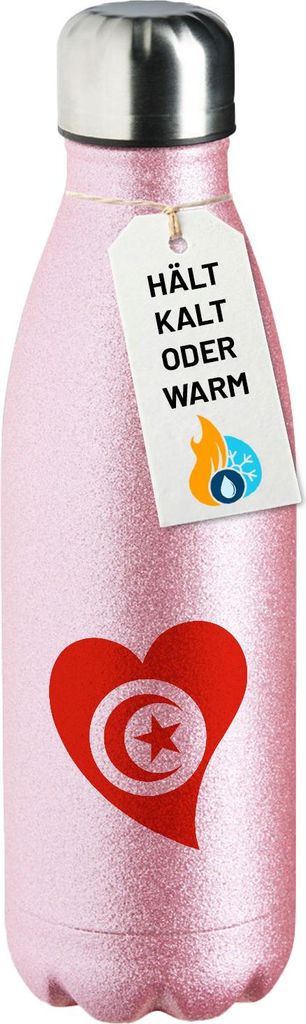 Huuraa Trinkflasche Tunesien Flagge Herz 500ml Pink Edelstahl Wasserflasche Trinkflasche Geschenkidee