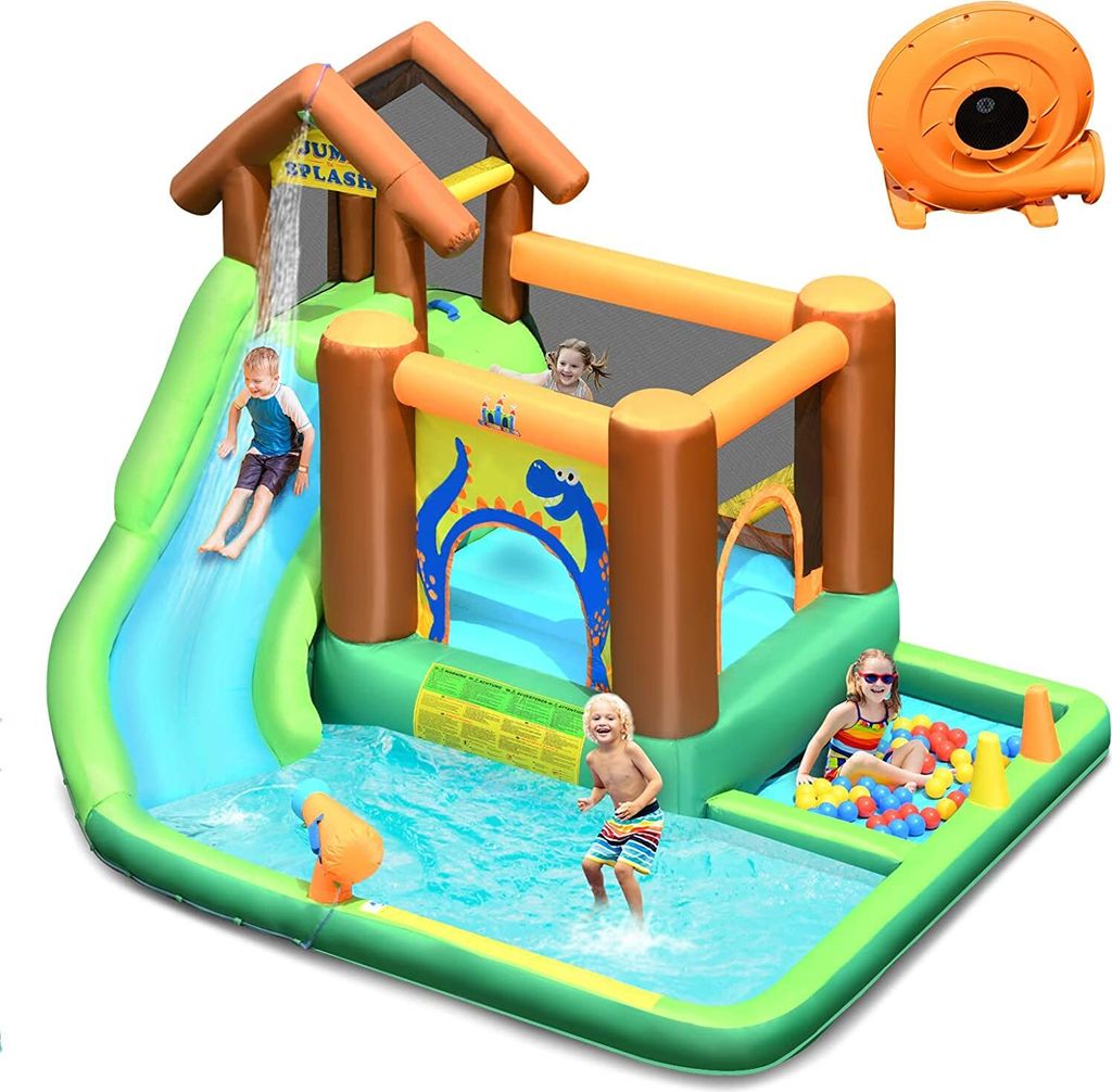 Aufblasbare Hüpfburg mit Gebläse, Wasserpark mit Rusche / Planschbecken / Kletterwand / Wasserkanone / Bällebad, Wasserrutsche, 368x303x230cm