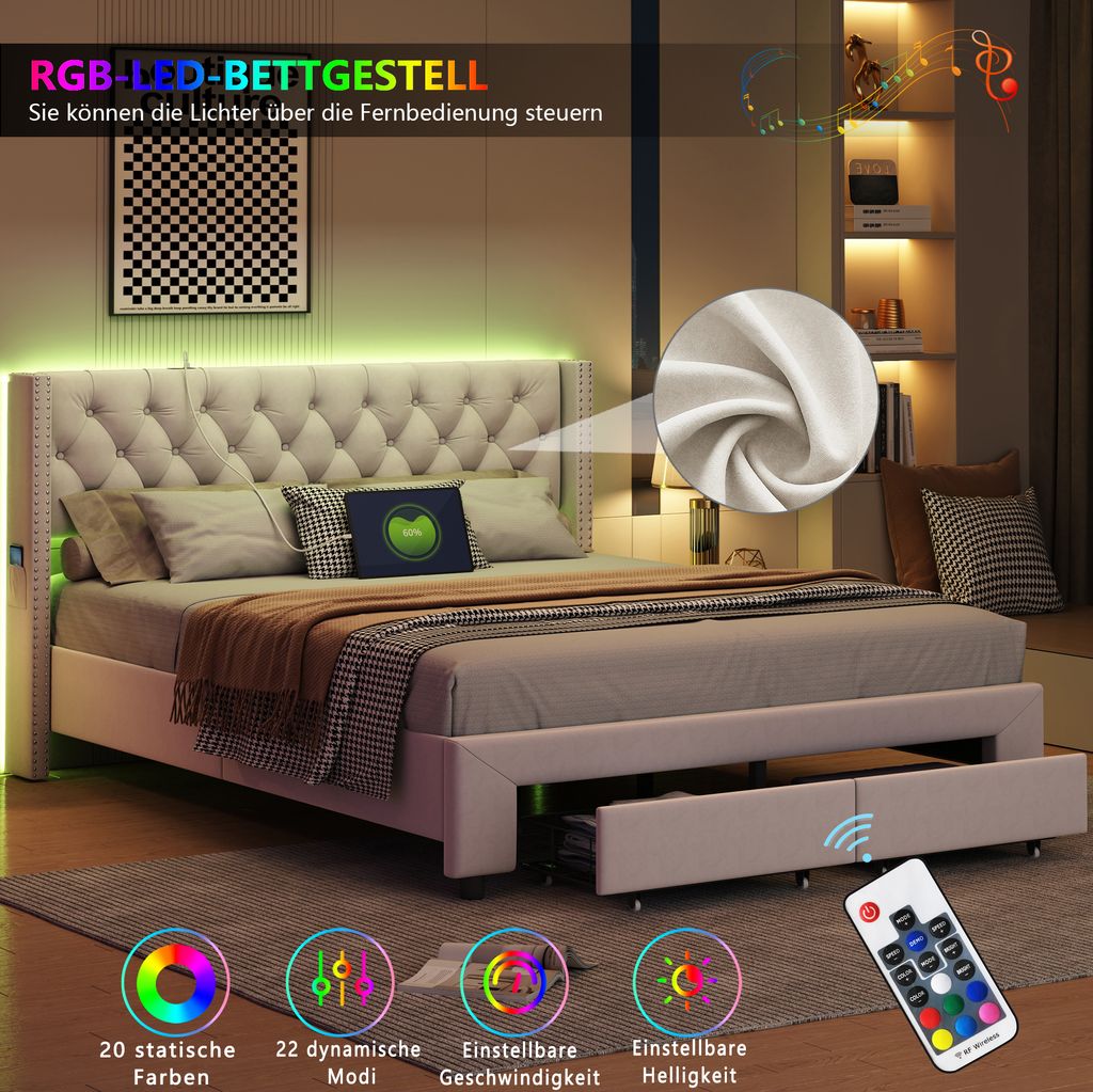 ProximaX Polsterbett 180x200 cm mit Nietenverzierung, Schubladen, Lichtleisten, USB-Ladeport,Aufbewahrungstasche, beige, mit europäischem Ladegerä