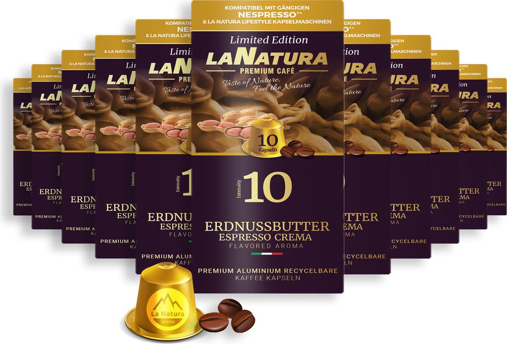 Erdnussbutter Espresso Crema Premium Kaffee - 110 Kaffeekapseln | La Natura Lifestyle Organic 616g| biobasiert | Nespresso *³ kompatible