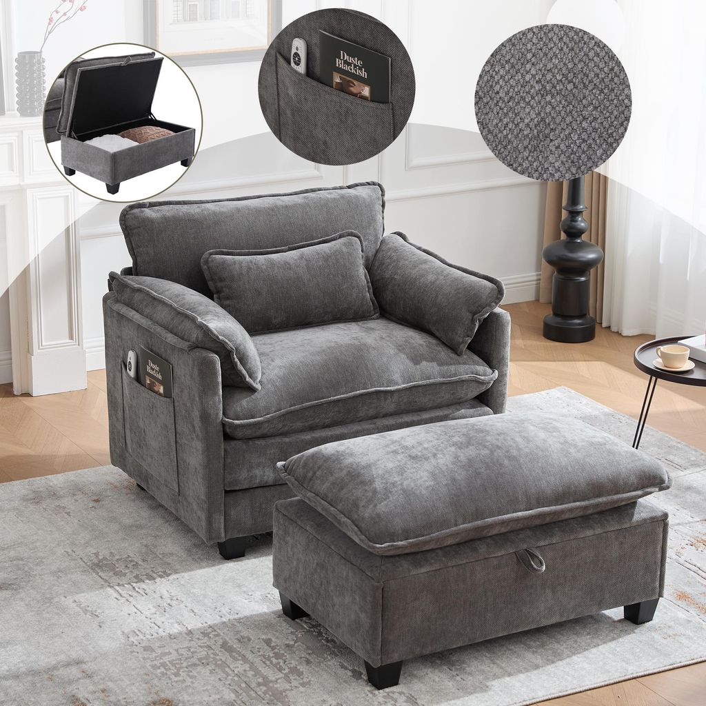 Sweiko Moderner übergroßer Sessel mit Fußstütze und Hocker, Samt-Loungesessel mit Seitentaschen und Kissen, bequemer Lesesessel für Wohnzimmer...