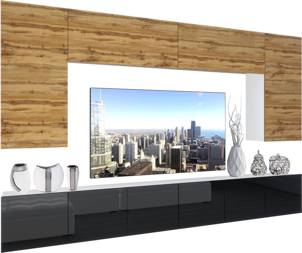 BELINI Wohnwand Vollausstattung Wohnzimmer-Set Moderne Schrankwand mit LED-Beleuchtung Weiß Glänzend Anbauwand TV-Schrank Wotan Eiche / Schwarz G...