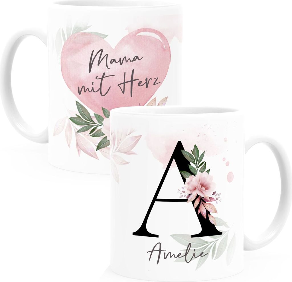 Kaffee-Tasse mit Name und Spruch mit Herz Initiale Monogramm Dankeschön personalisierte Geschenke SpecialMe Mama weiß Keramik-Tasse