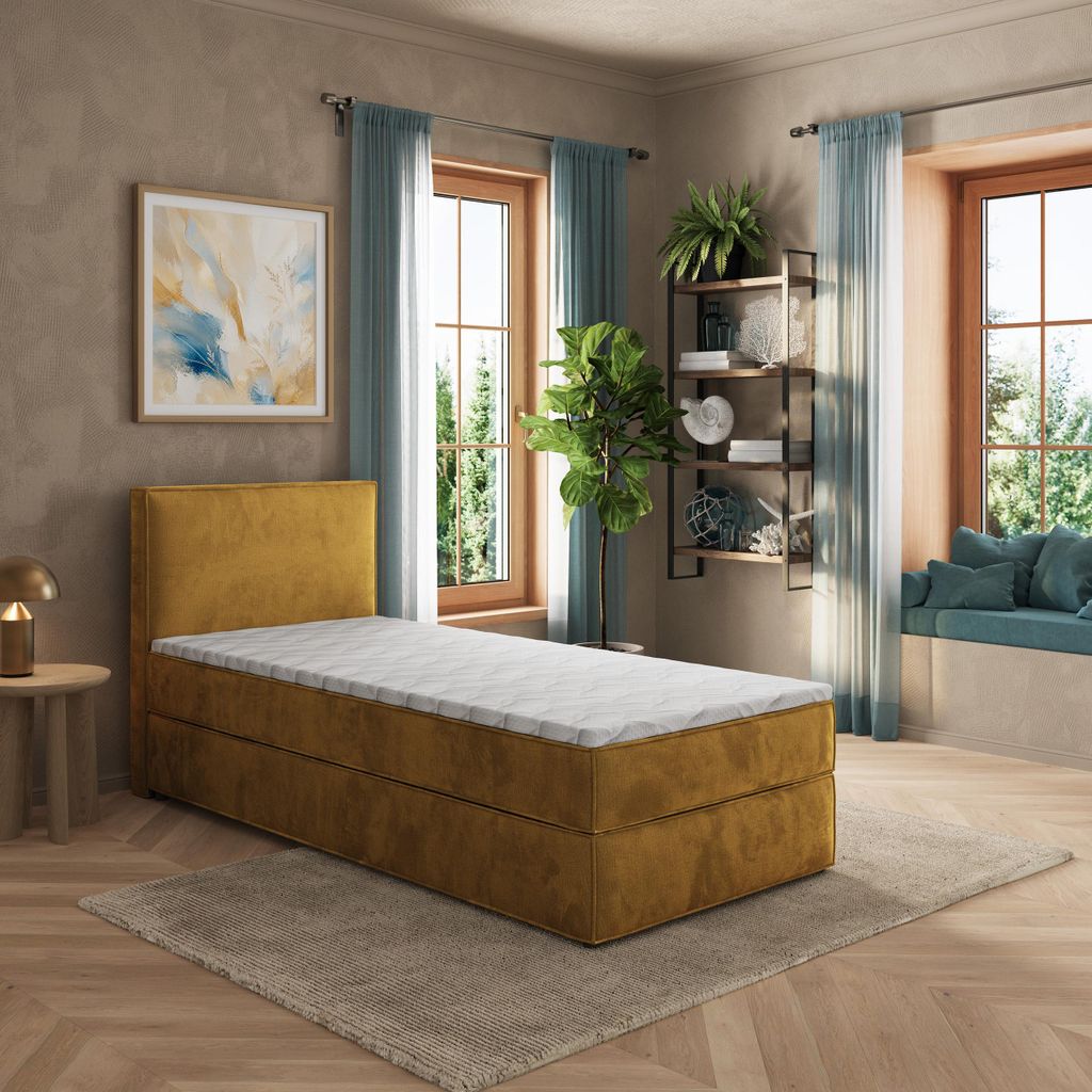 Masseno Boxspringbett PELLIO 100x200 cm Komplett-Set mit Bonell Matratze und Topper, Polsterbett mit Bettkästen -Gelb, MONOLITH 48