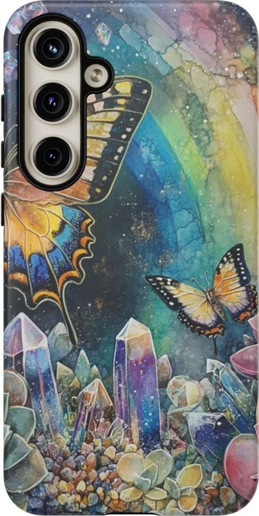 Schmetterlinge, Kristalle und Sukkulenten im Regenbogen-Design – Hülle Kompatibel mit Samsung Galaxy S24 Plus