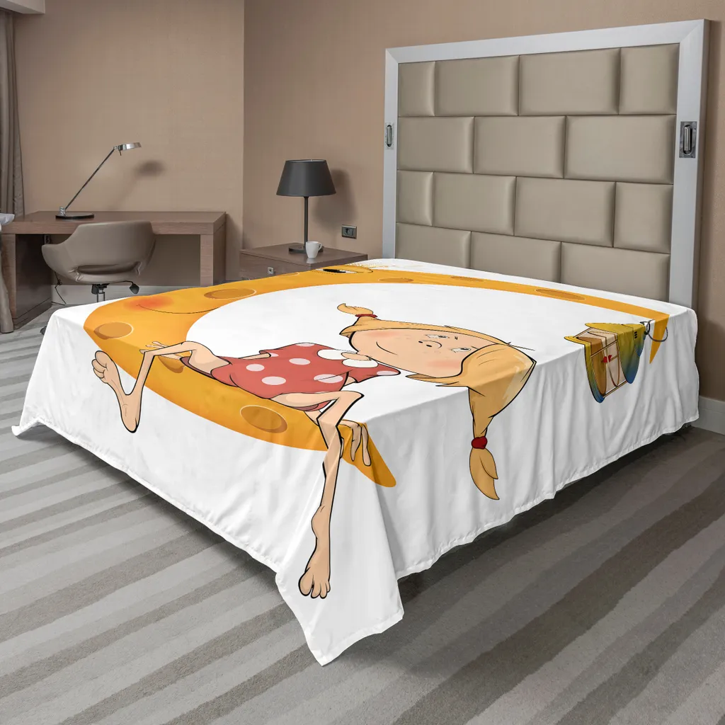 ABAKUHAUS Lenzuolo da letto femminile, bambina, la luna scalza con occhi e lampade tema caricatura seduta stampa, morbido e confortevole lenzuolo superiore per un letto decorativo 1 pezzo 244 cm x 205 cm, arancione