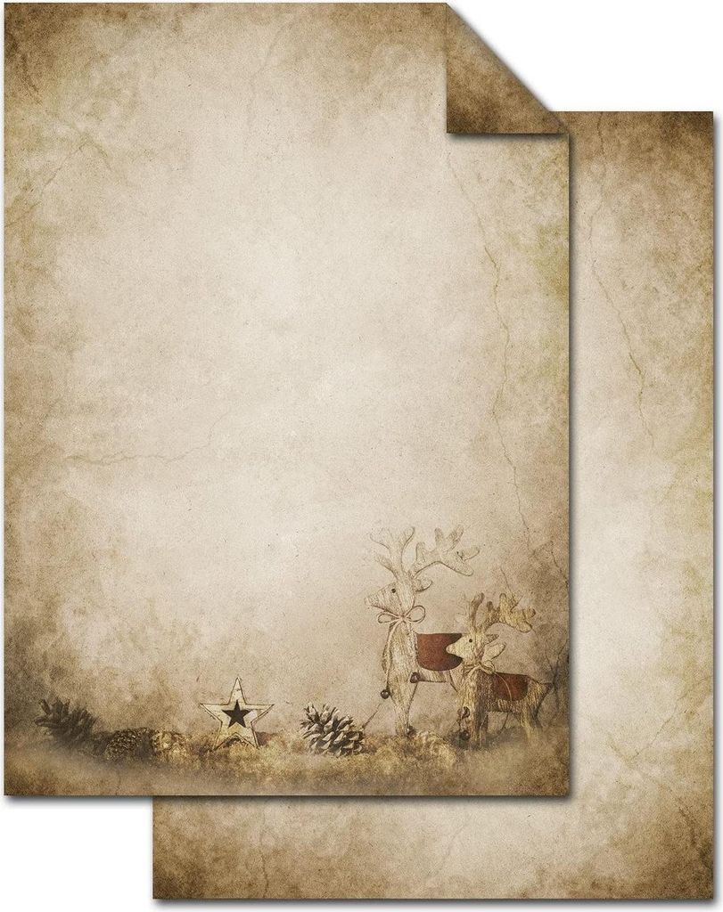 100 Blatt Weihnachts-Briefpapier beige RENTIER HIRSCH VINTAGE beidseitig bedruckt 100g Weihnachts-Papier DIN A4 Brief-Bogen marmoriert vintage natu...