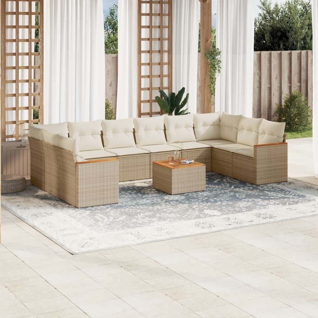 Design 11-tlg. Garten-Sofagarnitur mit Kissen Beige Poly Rattan, Gartenmöbel-Sets 2024 Neu