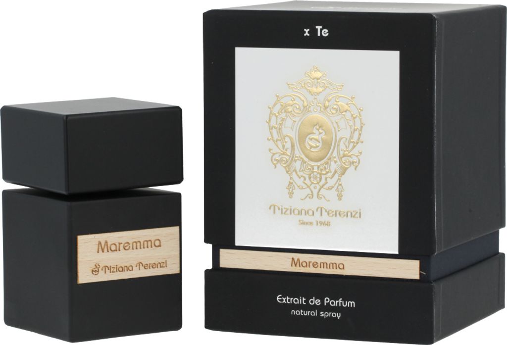 A black perfume bottle and its matching black box are displayed side-by-side on a white background.
