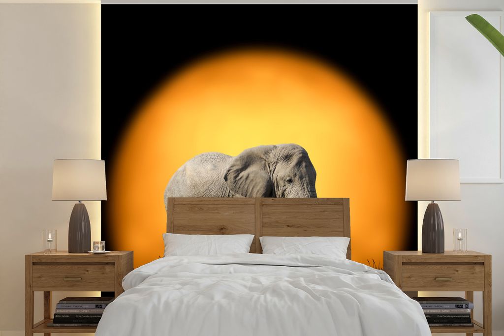 MuchoWow Fototapete für Wohnzimmer oder Schlafzimmer Wandtapete Vinyl Motivtapete Elefant - Sonne - Zähne - 350x350 cm - Schlafzimmertapete