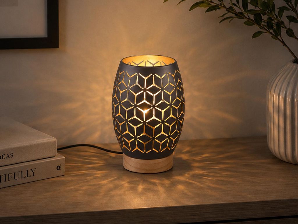 Kleine Orientalische LED Nachttischlampe Schwarz Golden mit Holzfuß, Höhe 21cm