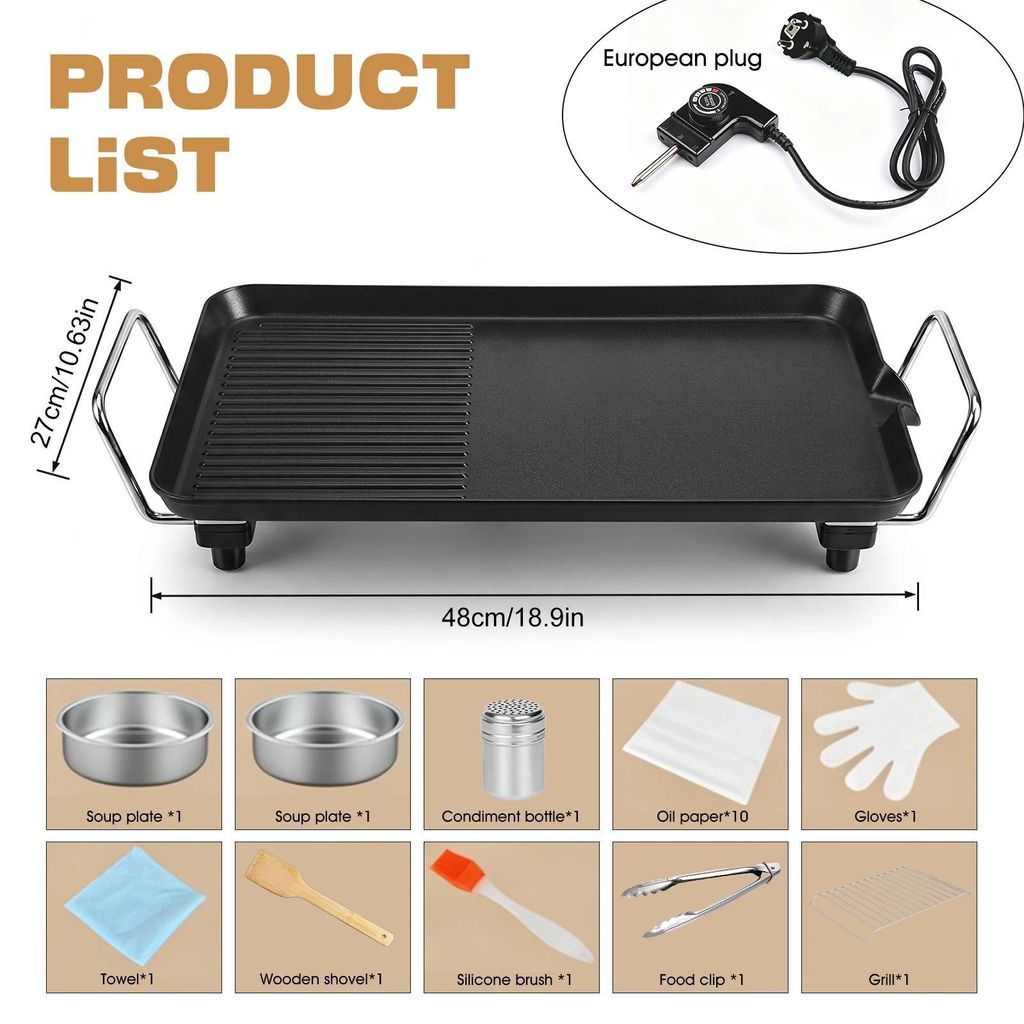 Elektrischer rauchfreier Grill - Teppanyaki Tischgrill - 1500W - Indoor Elektrogrill - tragbare BBQ Grillplatte - leicht zu reinigen - schwarz