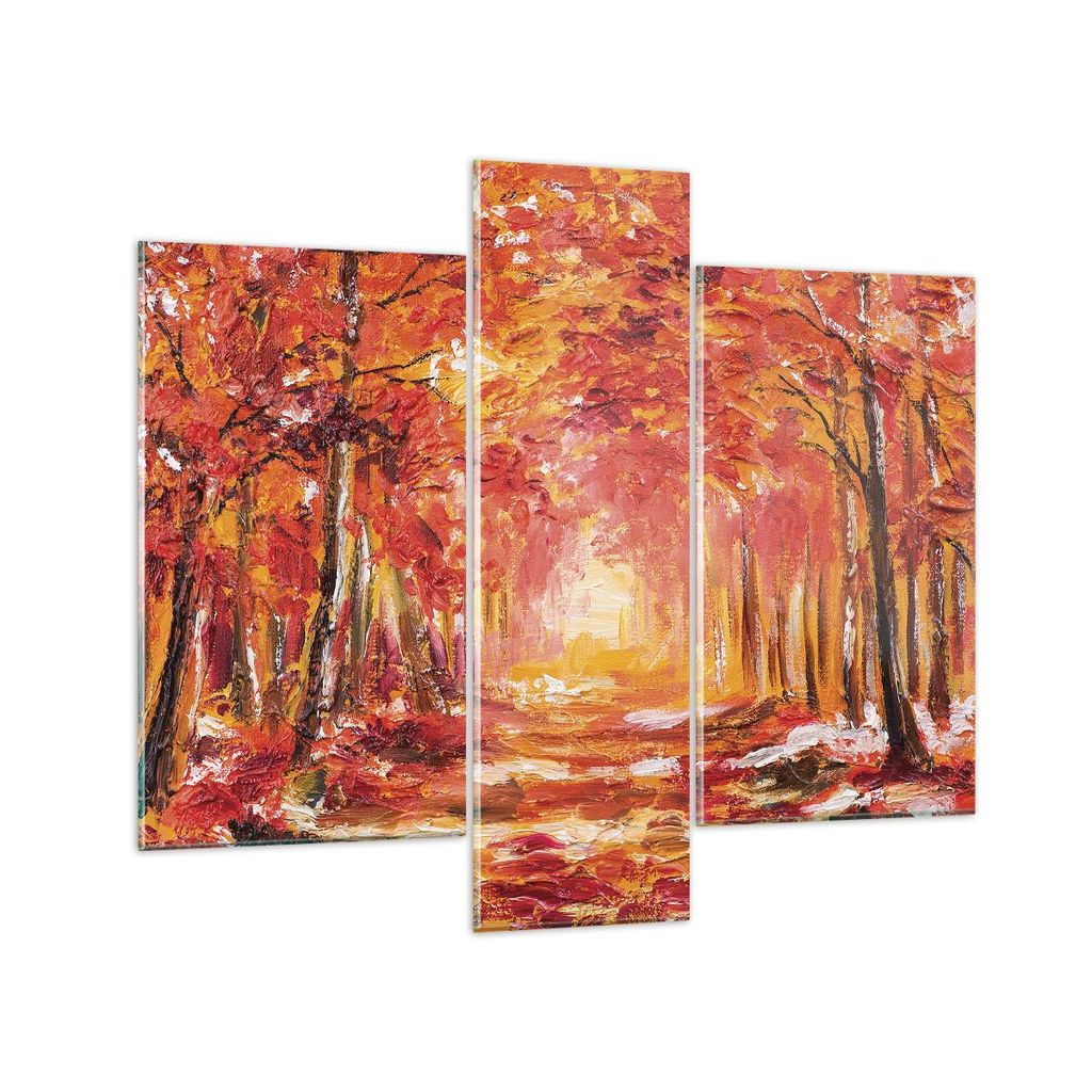 Bilder auf glas - 3 Teile - Herbst Wald Rot - 95x80cm - Glasbilder - Wandbilder - Bilder - Kunstdruck - zum Aufhängen bereit - Wanddekoration aus ...