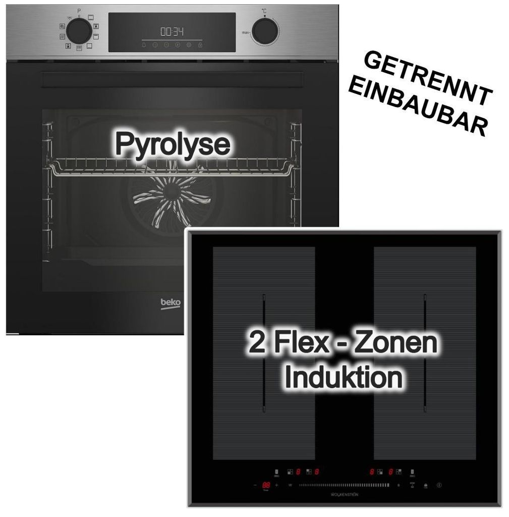 Herdset Pyrolyse Elektroniksteuerung Beko + Wolkenstein Induktionskochfeld Flexzonen Booster TouchControl