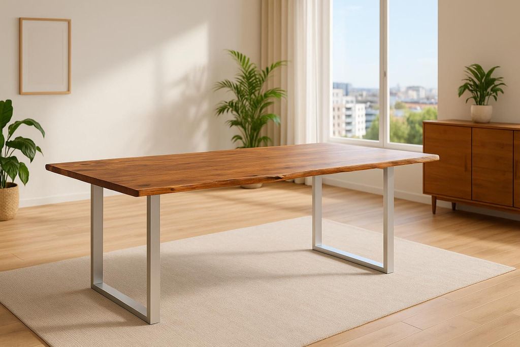 Esszimmertisch 220x100 cm Laurina, Baumkantentisch aus Akazienholz, massiv + nougatfarben, U-Metallgestell Silber, Esstisch mit echter Baumkante