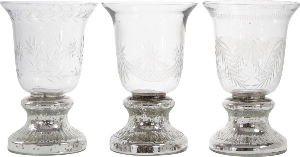 FURNARO Pokalglas Alhambra 3er Set Dekoglas aus Klarglas mit feinem Schliff und silberfarbenem Standfuß, 19,5 cm hoch, edle Windlichter für stilv...