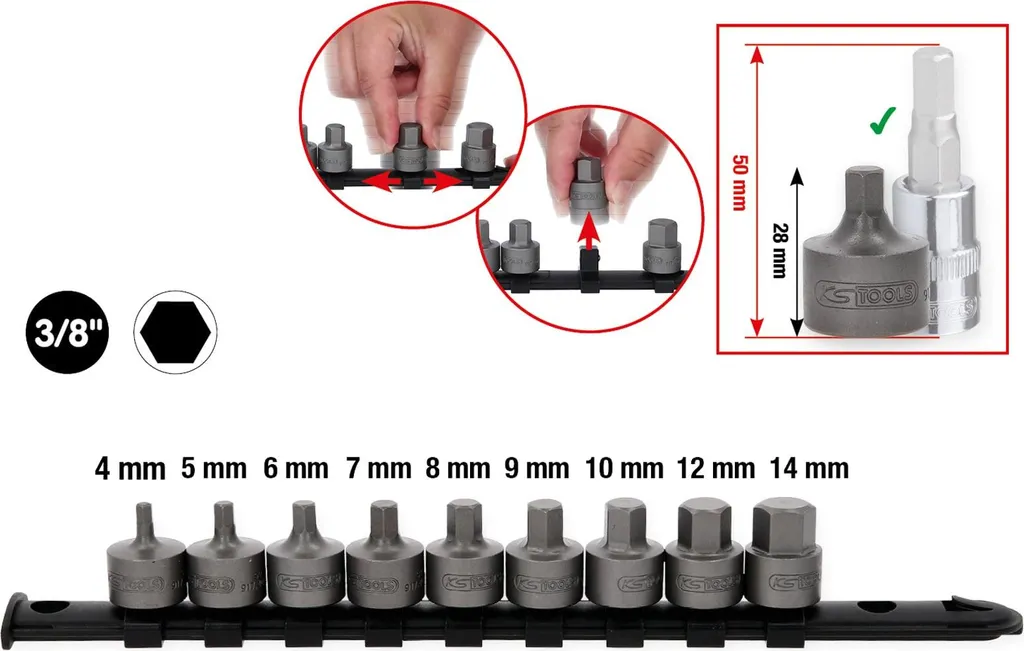 KS TOOLS 917.4000 Jeu de douilles 3/8" six pans creux court 4-14 mm