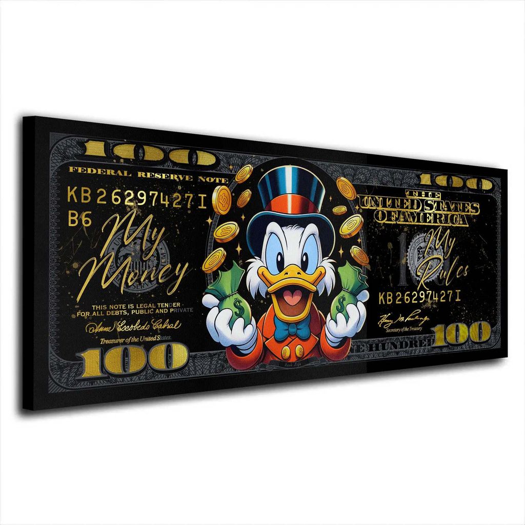 Dollar Duck My Money My Rules Black Leinwandbild Wandbild Kunstdruck Wanddeko: 75x30x4cm