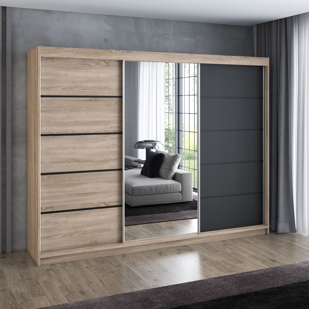 Schwebetürenschrank 200 cm, 3-türig, mit Spiegel & 4 Schubladen, Retro-Stil, modern, in Weiß/Schwarz/Sonoma – Kleiderschrank VILUNO 2