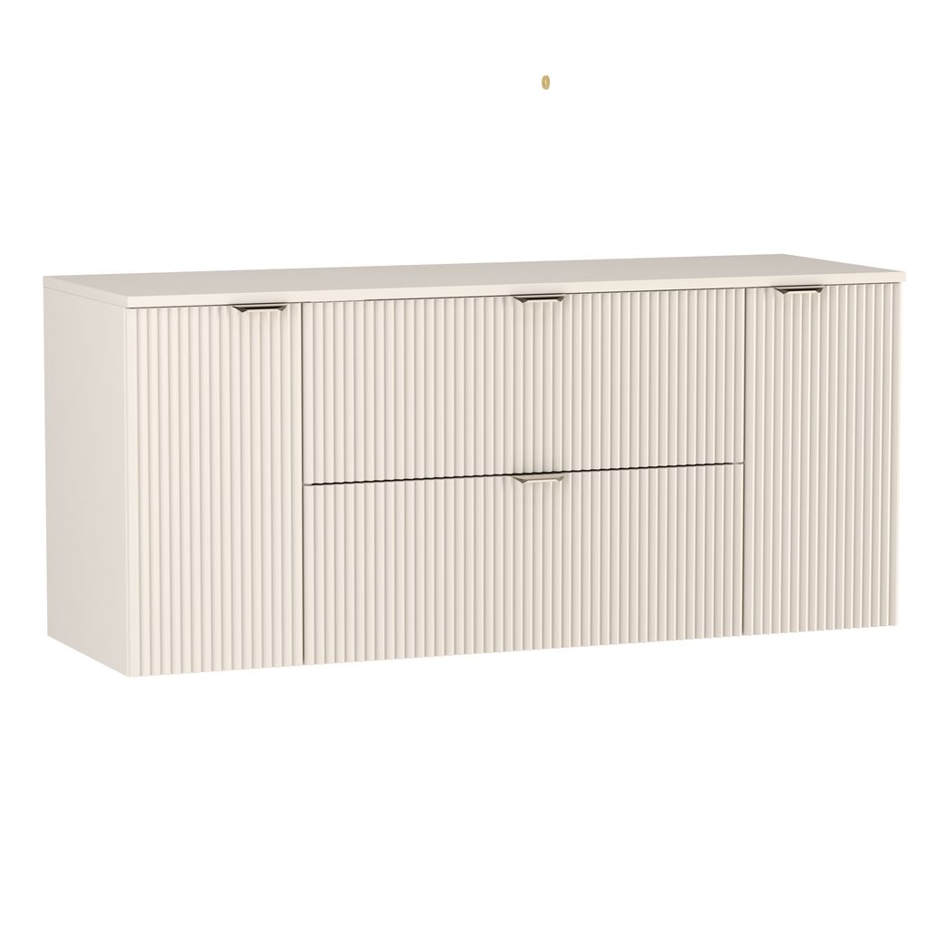 A product shot of a cream-colored vanity with fluted fronts and gold handles against a white background.
