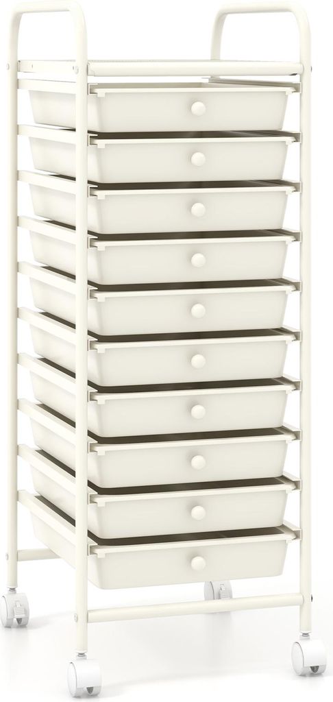 A white rolling cart with ten drawers is shown against a white background.