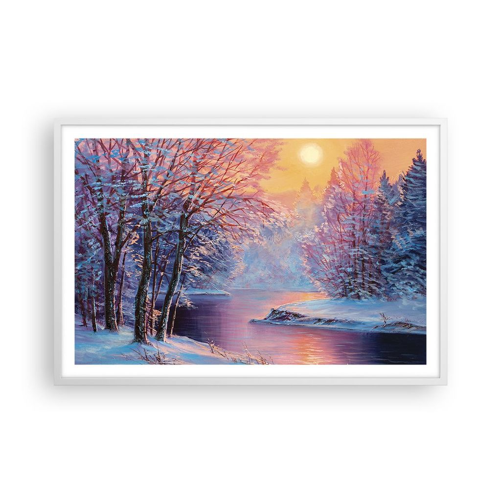 Gerahmtes Poster - Weißer Rahmen - Öl Winter Fluss - 91,5x61 cm - Wand Bild - Wanddeko - Wandbilder - Kunstposter - Wandposter - Bilderrahmen - B...