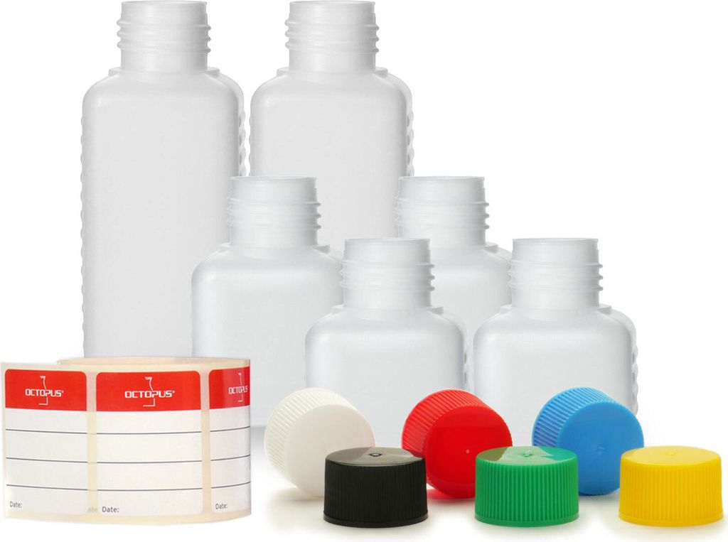 6 Kunststoffflaschen 30, 50, 100 ml aus HDPE, natur, G25 mit bunten Schraubverschlüssen