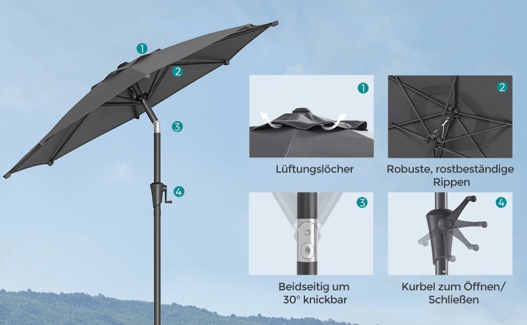 SONGMICS Sonnenschirm Ø210 cm UPF 50+ beidseitig um 30° Produktbild 8
