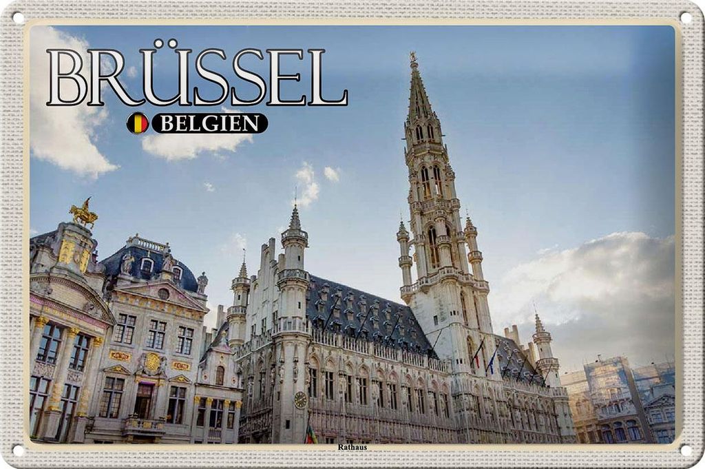 Blechschild Reise 30x20cm Brüssel Belgien Rathaus Wolken Produktbild 