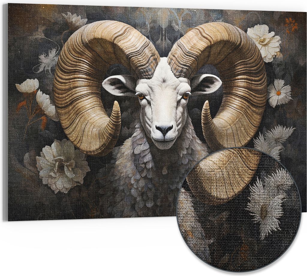 DEQORI Hybrid Leinwand Bild 90x60 cm 'Naturkraft Widder' Wandbild Glas flach modern