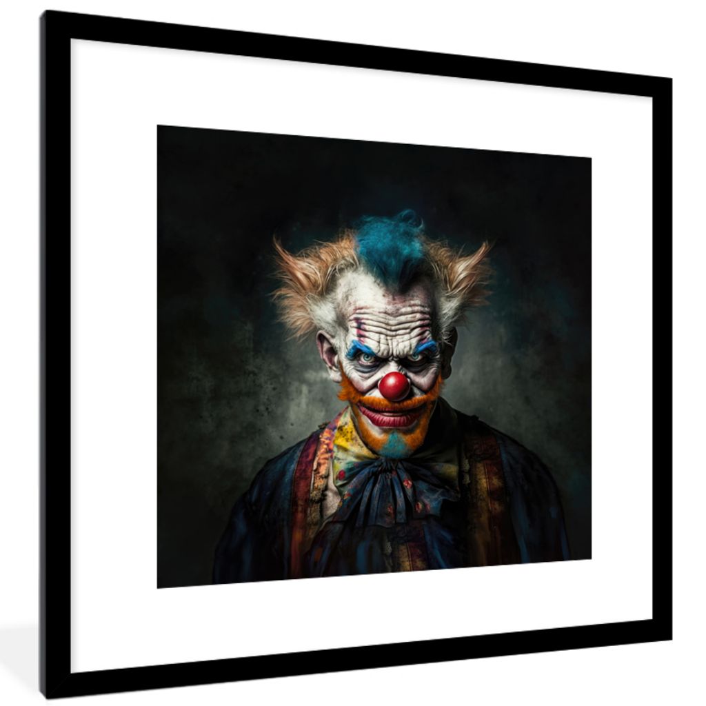 MuchoWow Gerahmtes Poster Clown - Porträt - Make-up - Clownsnase - Kleidung 40x40 cm - Poster mit Schwarzem Bilderrahmen Wandposter Rahmen Foto ...