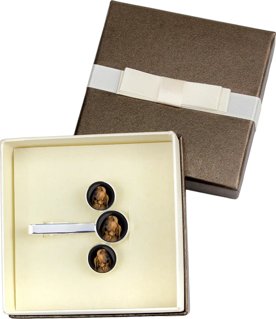 Set Regalo Uomo Bloodhound: Gemelli e Cravatta Art-Dog Argentati