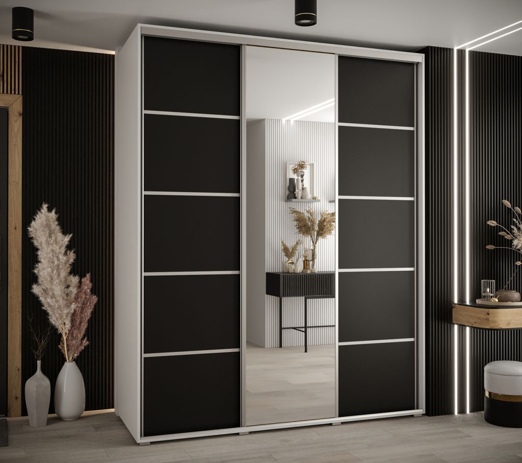 Kleiderschrank ASIRI 5 – 200/60 cm, weiß/schwarz/silber
