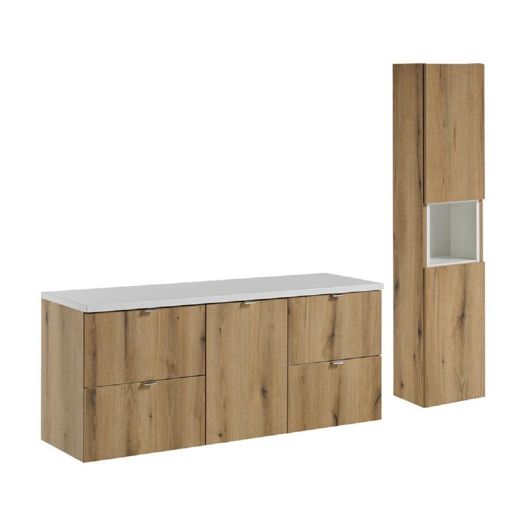 Badmöbel-Set mit Wäschekorb 40 cm Hochschrank, 2 Waschbeckenunterschrank & Arbeitsplatte 140 cm, Nova Oak N BM254 - Evoke Eiche/Weiß Matt