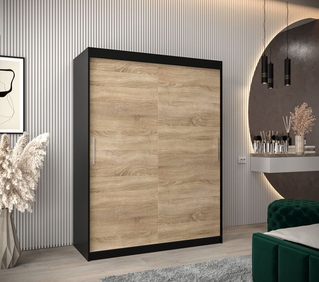 Schwebetürenschrank mit einer Breite von 150 cm TIMEA – Schwarz / Eiche Sonoma