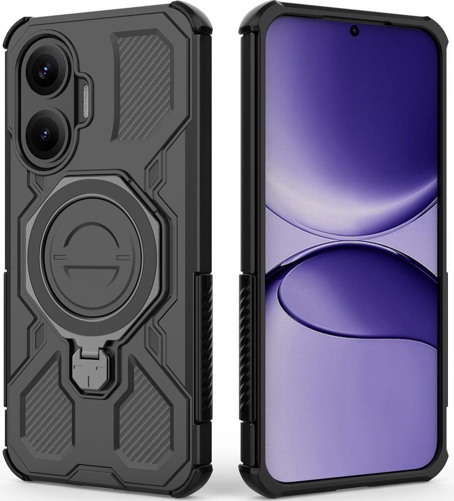 A black phone case with a ring holder is shown next to a smartphone with a purple screen.