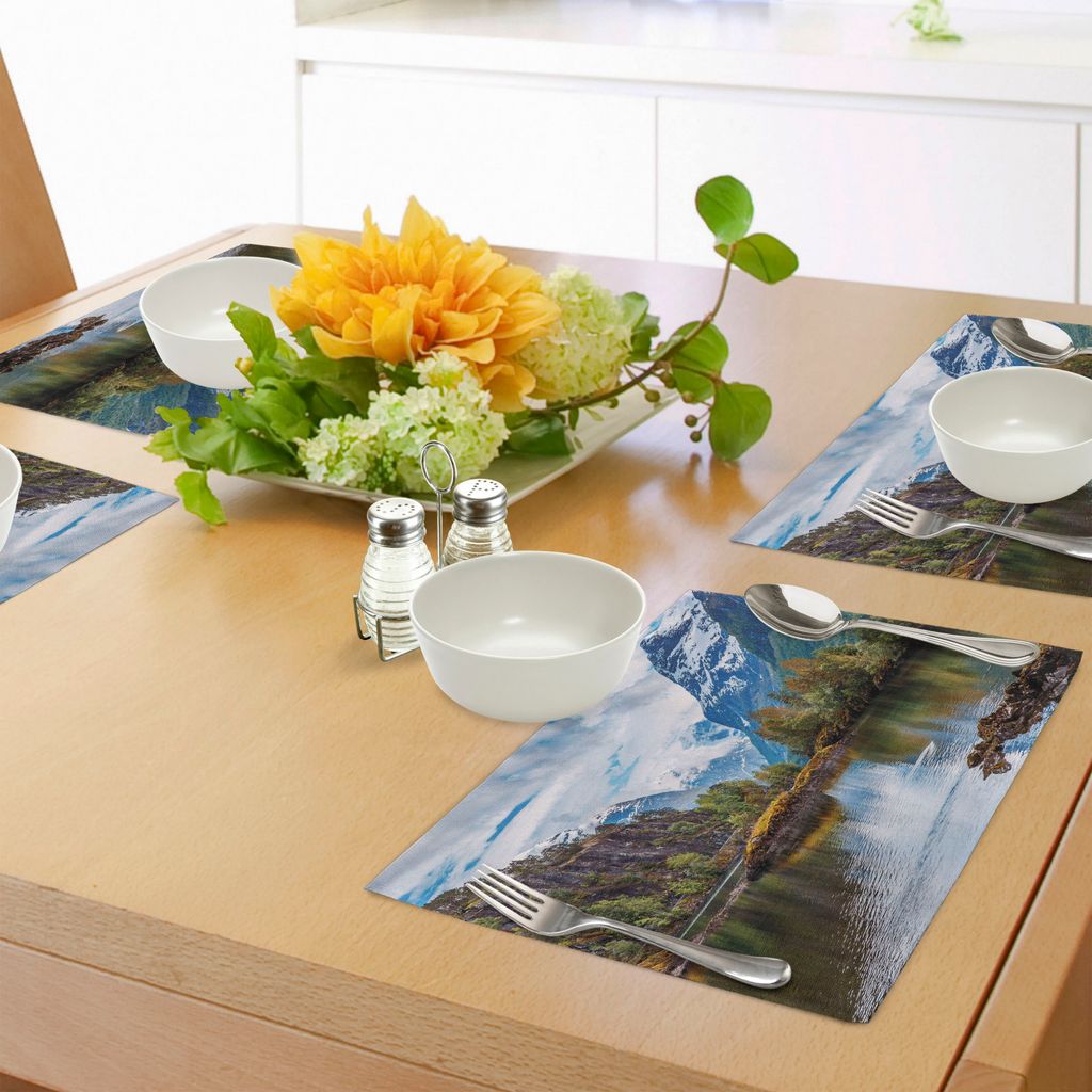 ABAKUHAUS Natur Platzmatten, Norwegen-Gebirgszug mit Snowy-Spitzen durch den See, der nordische Nordlandschaft fischt, Tiscjdeco aus Farbfesten Sto...