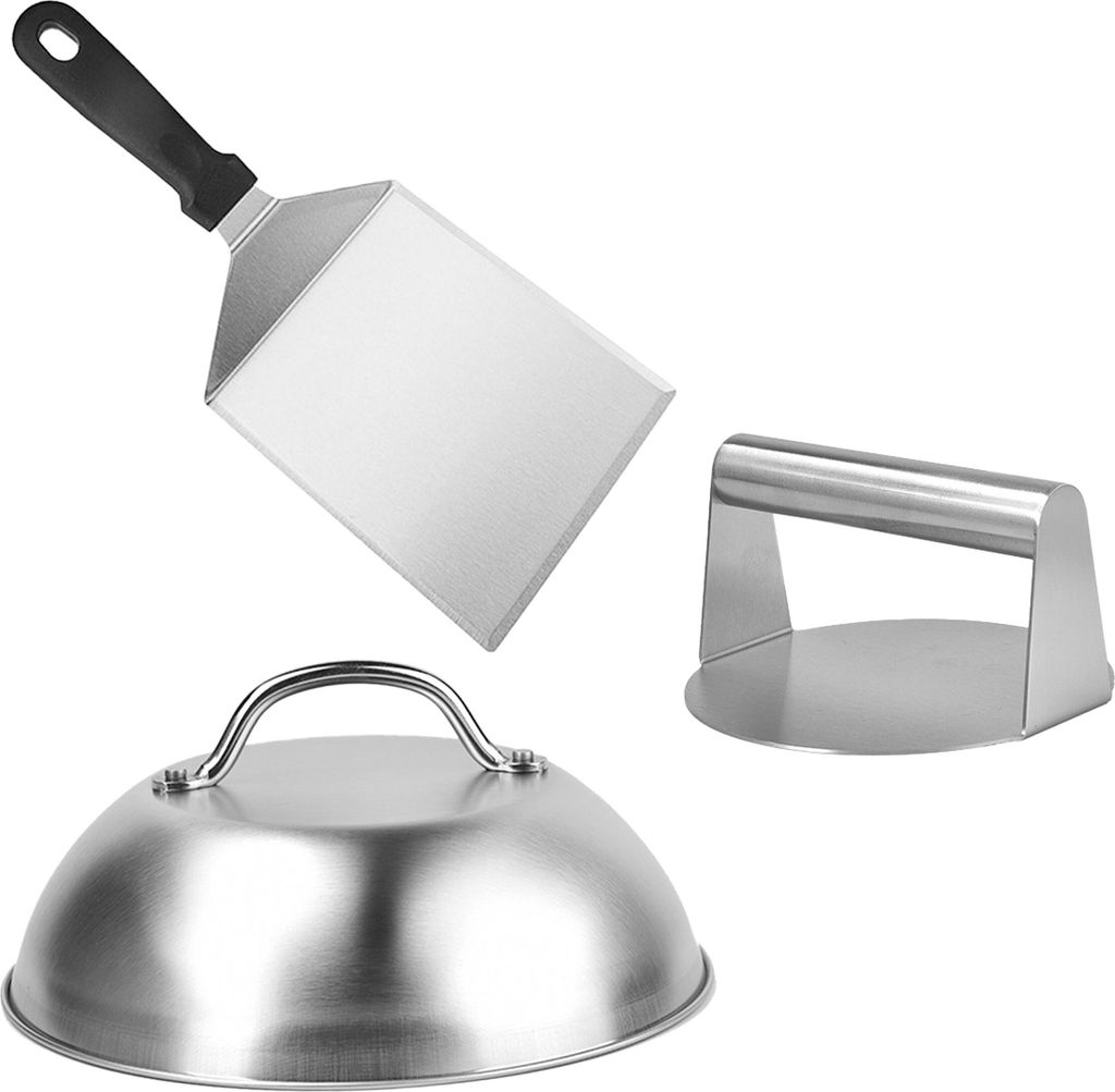 Relaxdays Smash Burger Set, 3-teilig, Burgerpresse mit Schmelzglocke & Grillspachtel, Patty Maker, Edelstahl, silber
