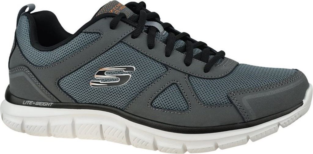 A side view of a single gray and black athletic shoe.