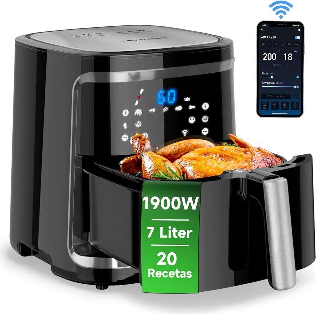 Airfryer 1900W, APP-Steuerung, 7 Programmen, LED-Touchscreen, Warmhalten, 20 Rezepte, Ohne Öl Air Fryer für 6-10 Personen, DIY-Menü, Schwarz