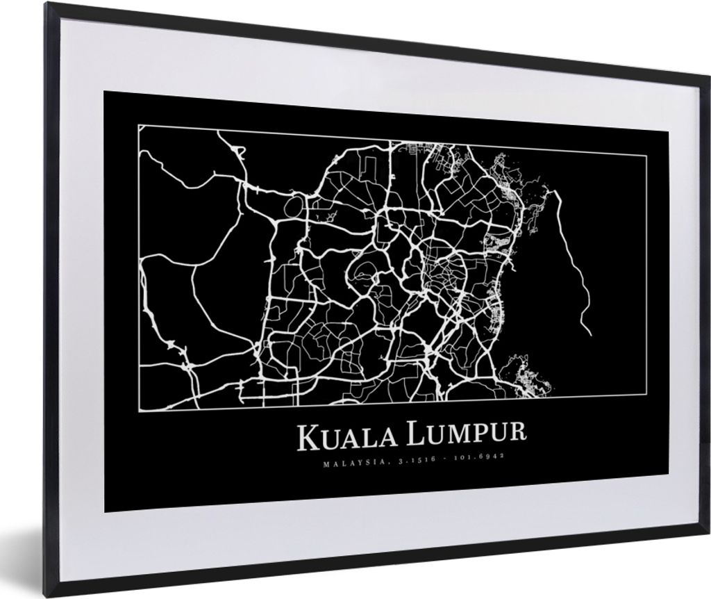MuchoWow Gerahmtes Poster Stadtplan - Kuala Lumpur - Karte 60x40 cm - Poster mit Schwarzem Bilderrahmen Wandposter Rahmen Foto Bilder - Schlafzim...