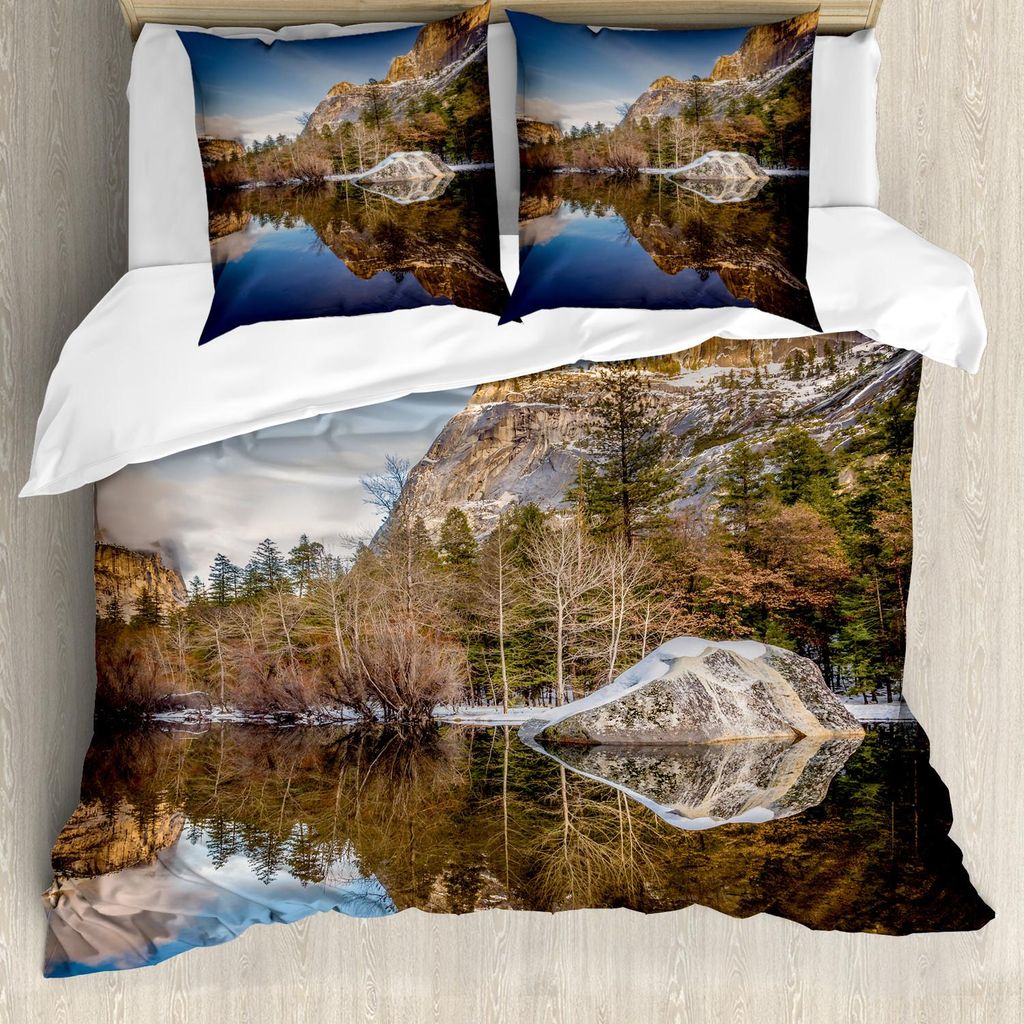 ABAKUHAUS Yosemite Bettbezug Set, Spiegel See Und Gebirgsreflexion Auf Wasser Sonnenuntergang Abend Ansicht Bild, 155 x 220 cm + 80 x 80 cm, Braun