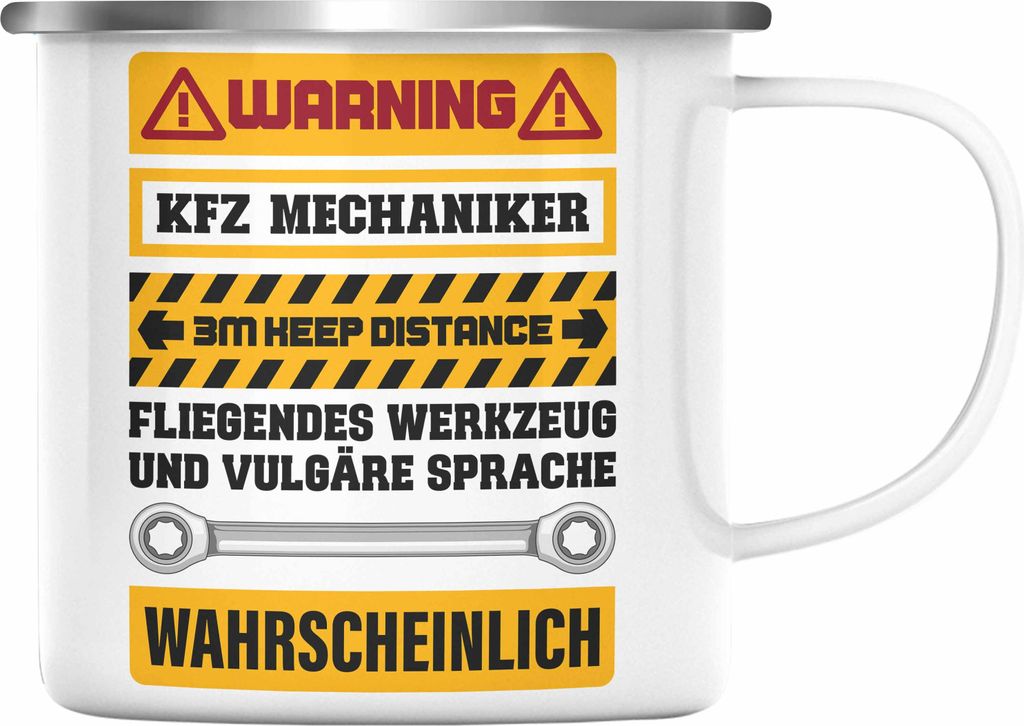 Trendation - KFZ Mechaniker Emaille Tasse Geschenk Lustig Spruch Geschenkidee Mechaniker Lustig (Silber)