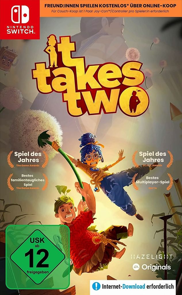 The cover art for the Nintendo Switch game 'It Takes Two', featuring the two main characters in a dynamic pose.