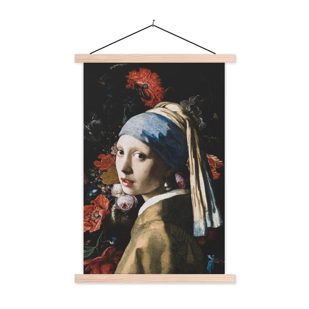 MuchoWow Textilposter Mädchen mit Perlenohrring - Johannes Vermeer - Blumen - Rot 120x180 cm mit holzfarbenen Rahmen - Textil-Plakat