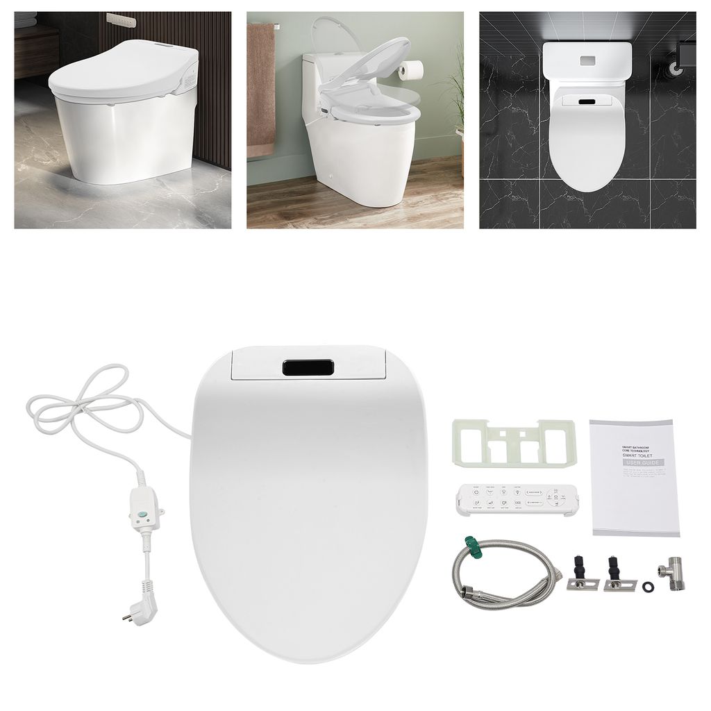 A collage of images showing a bidet toilet seat, its components, and installation examples.