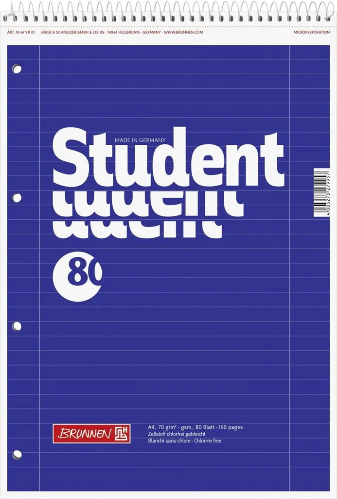 Cahier A4 Lin27 spirale supérieure microperforé lot de 5 blocs Brunnen
