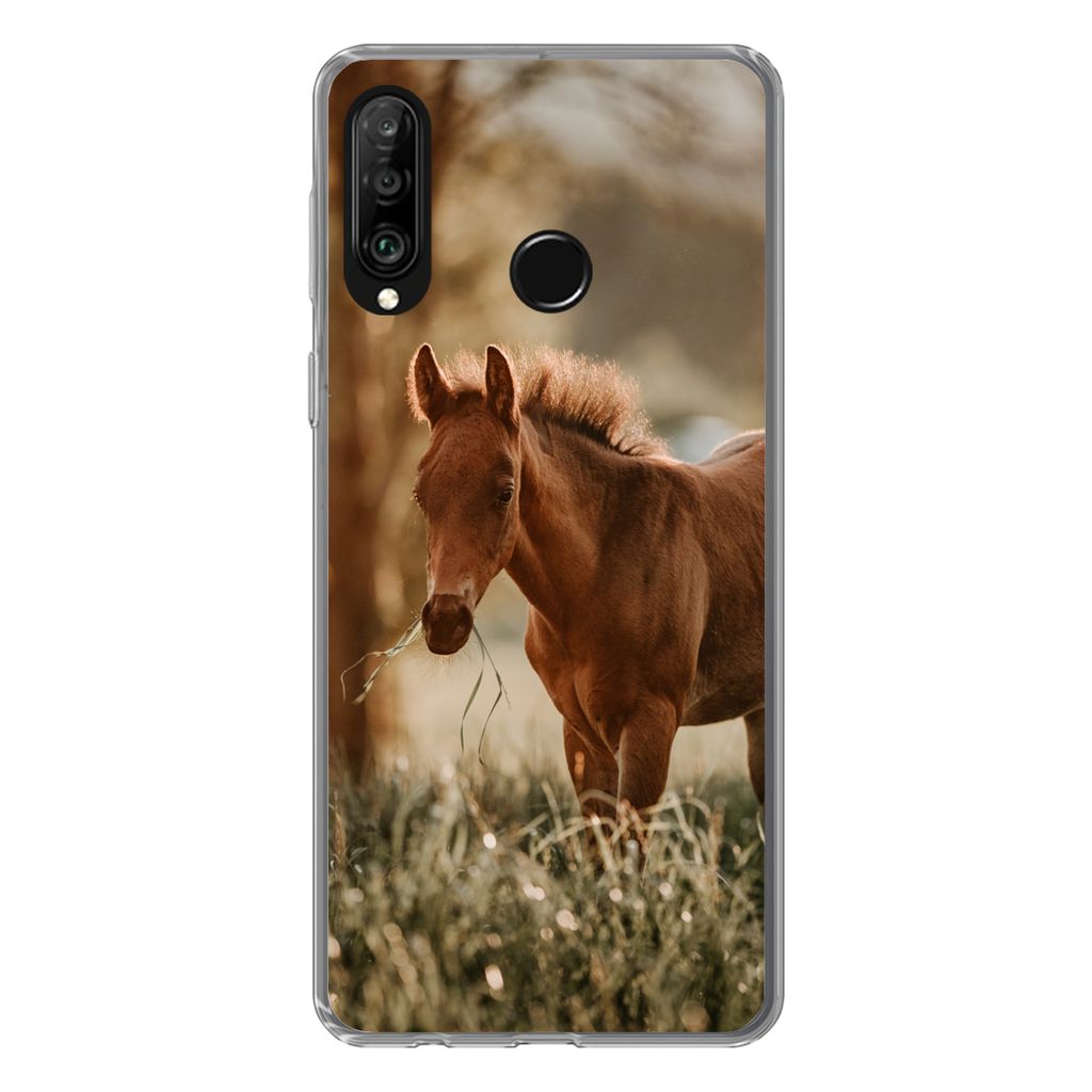 MuchoWow Handyhülle Schutzhülle Hülle für Huawei P30 Lite Pferd - Licht - Wiese Silikon Softcase Handy Hülle - Handyhülle